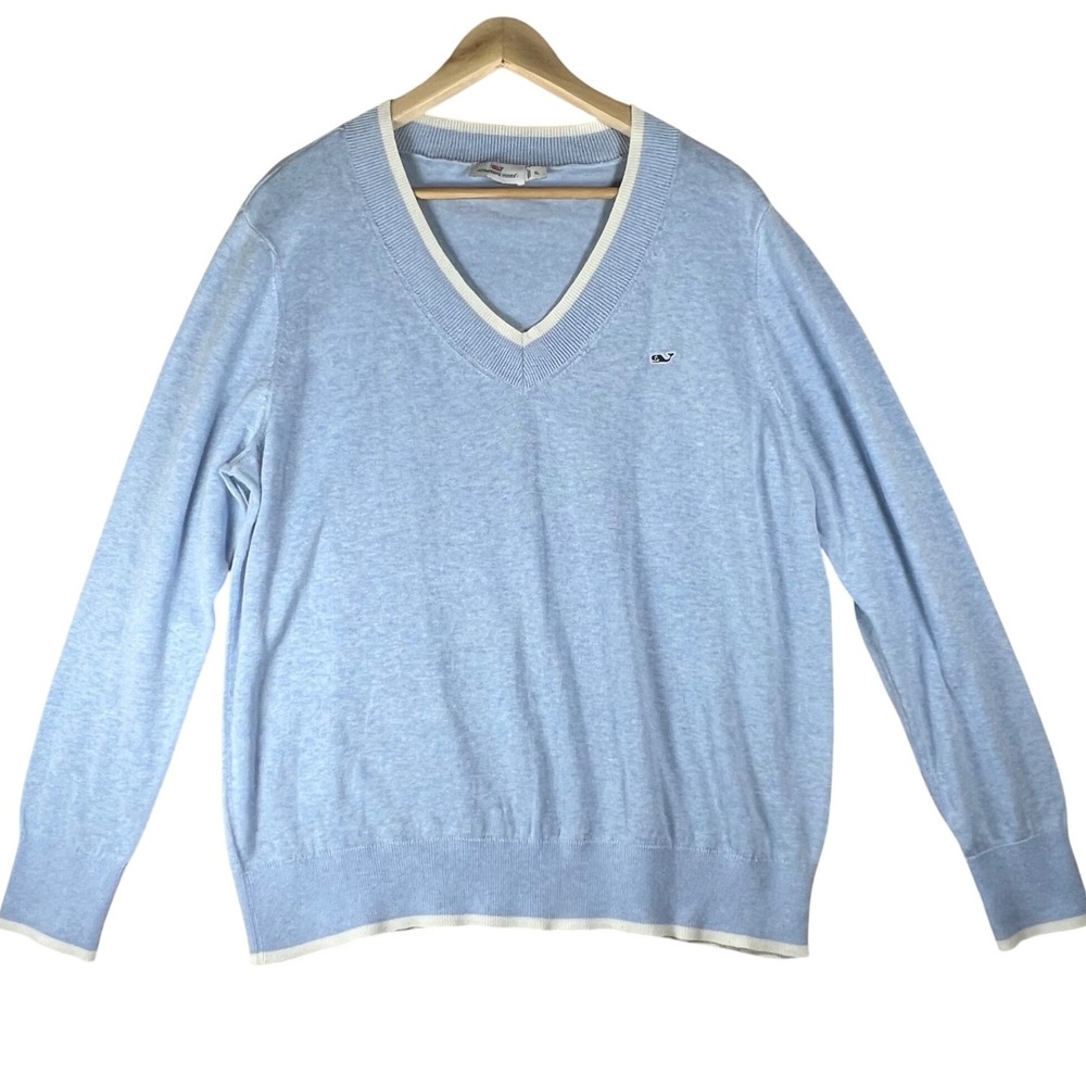 Vineyard Vines Mens XL V-Neck Sweater Light Blue Cotton Heathered Cream Trim